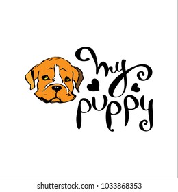 My puppy lettering colour vector seamless pattern illustration on white background with cute bulldog puppy and  hearts