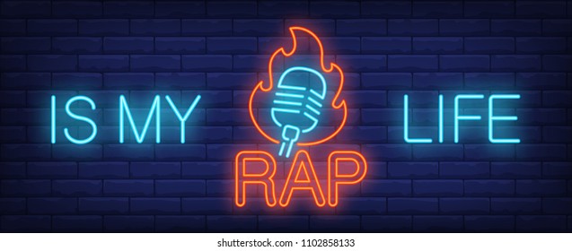 My rap life neon sign. Signboard with inscription and microphone on fire. Vector illustration in neon style for music album or concert banner