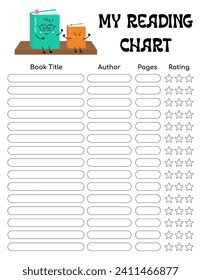 My reading chart. Reading journal printable page for tracking progress, motivation to read. Favorite book, author, rating. For motivating kids, literature classes, library, school education, book club