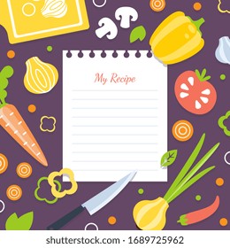 My Recipe Blank Card Template with Fresh Vegetables Pattern, Cookbook Page Vector Illustration