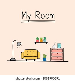 My Room. Doodle Living Room Vector Illustration.