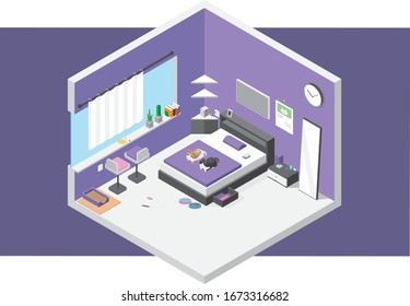 My room interior cat house isometric illustration