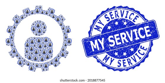 My Service dirty round stamp seal and vector fractal collage customer setup gear. Blue seal contains My Service caption inside round shape.