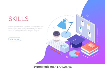 My skills - modern colorful isometric web banner with copy space for text. An illustration with workplace with books, academic cap, pin board, coffee cup, notes. Learning, personal development ideas