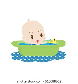 My son activities, cute boy take a bath with duckling doll.  Cartoon character vector design isolated on white background 
