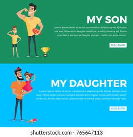 My son and my daughter vector web poster with pictures and text on green, blue backgrounds. Father and little son show their power near golden cup, male parent with bow on head holds daughter on hands