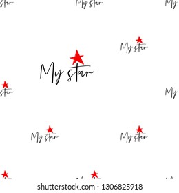 My star. Hand drawn black text seamless pattern on white background with red stars. Doodle brush, pen, marker illustration.