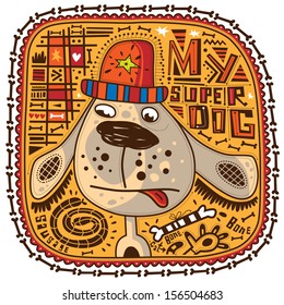 My super dog. Dog portrait in a cap with his tongue hanging out. Frame pictures of bones. Yellow background.