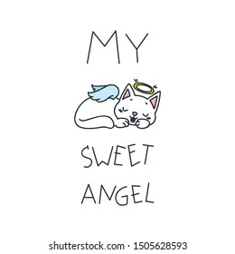 My sweet angel. Kawaii illustration of a sleeping angel cat. Vector 8 EPS.