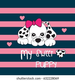 my sweet dalmatian puppy on striped background, T-shirt graphics for kids vector illustration