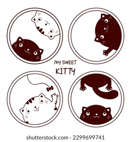 Mi dulce gatito.  Conjunto de iconos redondos monocromos con gatos lindos. Colección de gatitos encantadores en diferentes poses. Se puede usar para imprimir camisetas, pegatinas, diseño de tarjetas de felicitación. Ilustración del vector EPS8