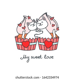 My sweet love. Illustration of couple of cute hugging cats sitting in cupcakes decorated with cream and hearts. Isolated on white background. Vector 8 EPS