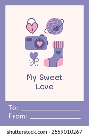 My sweet love. Purple valentine, valentine's day greeting card with romantic elements, lock, planet, camera, sock, heart. Vector hand drawn illustration. 
