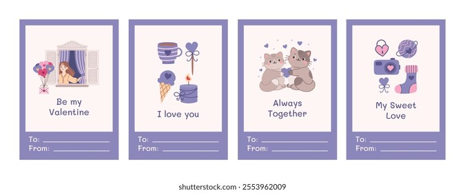 My sweet love. Purple valentines collection. Greeting card for valentine's day set. Vector illustration with girls in love, kitties, romantic elements.