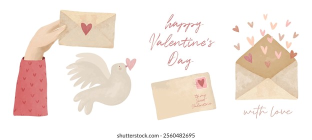 To My Sweet Valentine, With Love. Cute Hand Painted Valentine Illustration with Pigeon, Hand Holding Love Letter, Envelope with Hearts Flying Out. White Background.  Happy Valentine's Day. RGB.