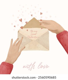 To My Sweet Valentine, With Love. Cute Valentine Card with Love Letter on an Off-white Background.  Hand Painted Hands Holding an Envelope with Heart Flying Out. Happy Valentine's Day. RGB