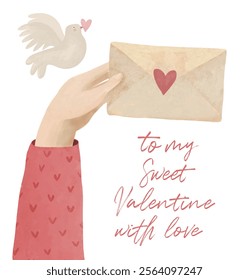 To My Sweet Valentine, With Love. Cute Valentine Card with Flying Dove. Hand Painted Pigeon, Hand Holding an Envelope with Red Heart. Happy Valentine's Day. Love Bird on a White Background. RGB.