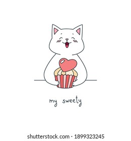 My sweety. Illustration of a cute cat holding a cupcake decorated with a pink heart in his paws. St. Valentine's day concept. Vector 10 EPS 