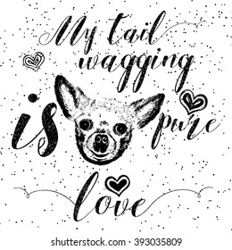 My tail wagging is pure love, hand drawn card and lettering calligraphy motivational quote for dog lovers and typographic design. Cute, friendly, smiling, inspirational dog with hearts and sparkle. 