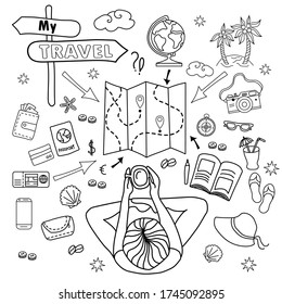 Mi viaje. Juego de doodles vectoriales lineales para viajar con hombre sentado, chica. Concepto de viajes en un fondo blanco - planificación, ruta, mapa y el sueño del mar. Todos los garabatos están aislados.
