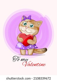 To my Valentine Card with cartoon cute golden British cat with heart.  Vector Illustration