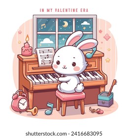 In my Valentine Era. Cute bunny playing piano candlelight stary night illustration. Valentines day vector design for t-shirt, mug, book cover and so on. svg