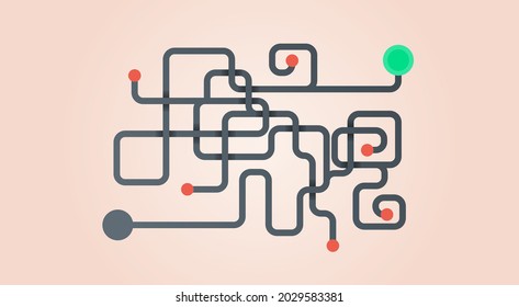 My way. Career labyrinth. Chaos line. Falls and mistakes in work maze. Personal direction right and wrong  solutions. From A to B complicate path. Find successful direction. Vector illustration.