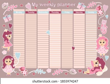 My week planner. Cute weekly and daily schedule with beautiful girls princesses, toys, unicorn, cat and flowers on pink background. Stationery for planning and scheduling