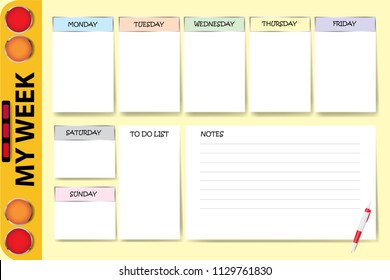 My week planner with a part of school bus contains chart for notes and white charts for each day of the week designed by different color are ready for your text. 