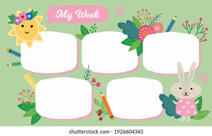 My week. Schedule lessons. Cute illustrations of the sun, bunny, flowers in a hand-drawn style. Vector illustration.