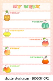 My week. Weekly planner with cute illustrations of little kittes and fruits. Kawaii school accessory. Vector 10 ESP.