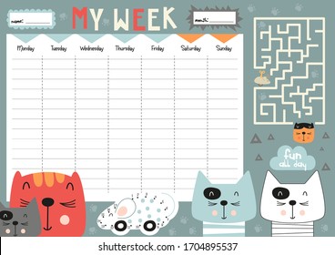 My week - weekly planner for kids contain mini games - maze, dot to dot, coloring page. Cute cats in cartoon style. Kids schedule design template. Vector illustration.