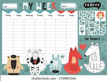 Meine Woche - wöchentlicher Planer für Kinder enthalten Mini-Spiele - Labyrinth, Punkt zu Punkt, Malseite. Feine Waldtiere im skandinavischen Cartoon-Stil. Kinder planen Design-Vorlage. Vektorillustration.