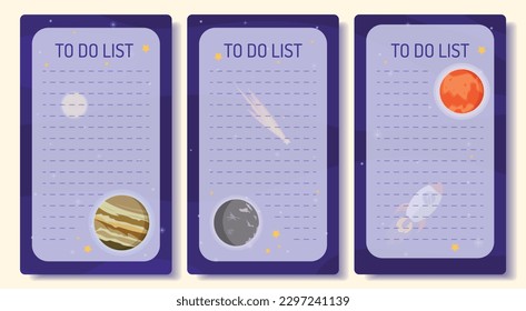 My week is a weekly with space, planets and stars. Note paper with space background. Daily schedule design template. Vector illustration in cartoon style.