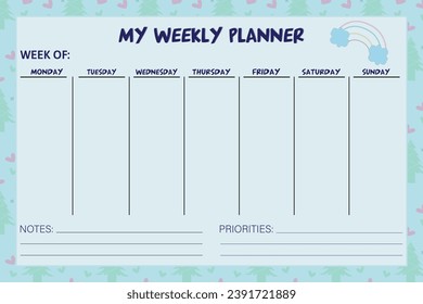 My weekly planner cute notebook for kids. KDP interior vector template.