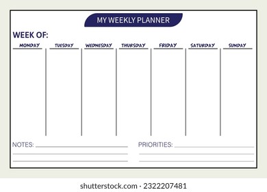 My Weekly Planner Notebook KDP Interior Vector Template.