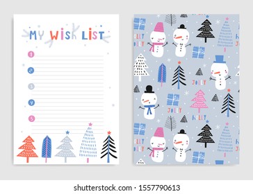 My wish list: page template. Hand drawn graphic for Christmas. Vector illustration in blue, pink and orange.