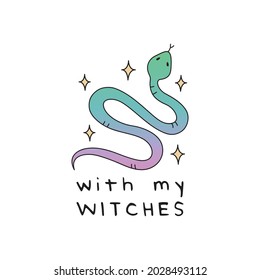 With my witches magical vector hand drawn illustration. Cute snake with sparkles and writing. Isolated.
