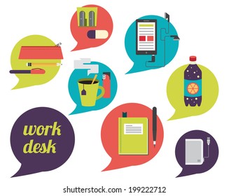 my work desk. icons set. hipster flat design. modern stylish color.