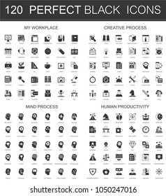 My Workplace, Creative Process, Mind Process, Human Productivity Black Mini Concept Icons Symbols. Modern Vector Icon Pictogram Set