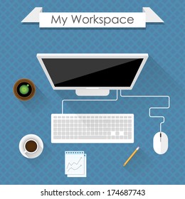 my workspace. flat design concept of business workspace with computer on a desk. vector eps10