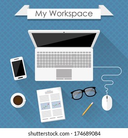 my workspace. flat design concept of business workspace with laptop on a desk. vector eps10