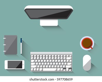 My workspace. Flat design concept of business workspace with laptop , smart-phone and book and cup of coffee on a desk.