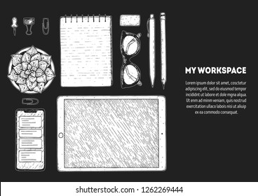 My workspace. Office desk table top view sketch. Workspace with smartphone, tablet, notebook, plant, pencil, pen, glasses. Hand drawn vector illustration. Business concept. 