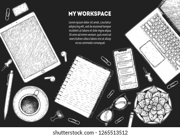 My workspace. Office desk table top view sketch. Workspace with laptop, smartphone, notebook, coffee cup, plant, pencil, glasses. Hand drawn vector illustration. Business concept