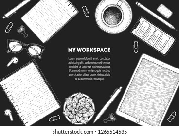 My workspace. Office desk table top view sketch. Workspace with smartphone, tablet, notebook, plant, pencil, pen, glasses, coffee cup. Hand drawn vector illustration. Business concept