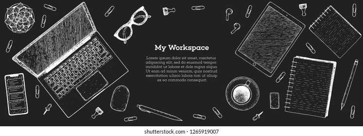 My workspace. Office desk table top view sketch. Workspace with laptop, smartphone, notebook, coffee cup, plant, pencil, glasses. Hand drawn vector illustration. Business concept 