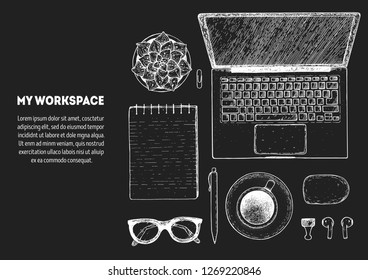 My workspace. Office desk table top view sketch. Workspace with laptop, notebook, coffee cup, plant, pencil, pen, glasses, headphones. Hand drawn vector illustration. Business concept.