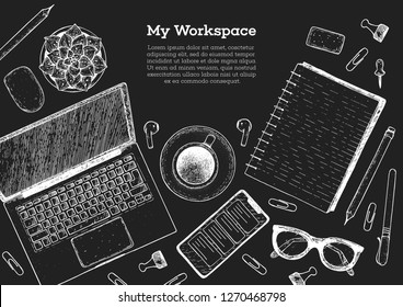 My workspace. Office desk table top view sketch. Workspace with laptop, smartphone, notebook, coffee cup, plant, pencil, glasses. Hand drawn vector illustration. Business concept 
