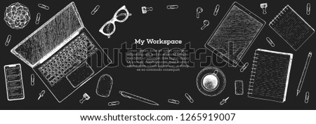 My workspace. Office desk table top view sketch. Workspace with laptop, smartphone, notebook, coffee cup, plant, pencil, glasses. Hand drawn vector illustration. Business concept 